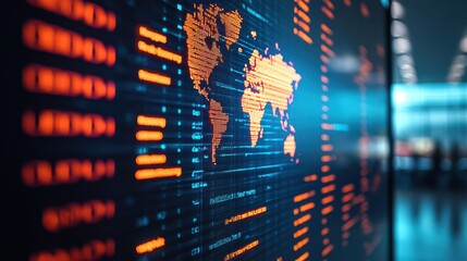 A digital map visualizing global data flow with vibrant orange and blue colors, illustrating connectivity and technology in a modern environment.