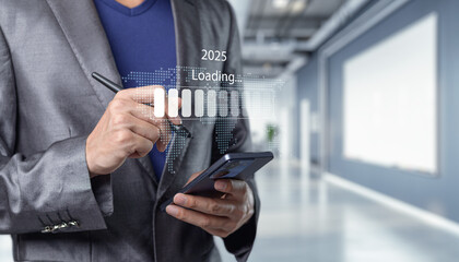 Businessman Using Smartphone with Loading Progress in Modern Office Progress and transition from 2024 to 2025
