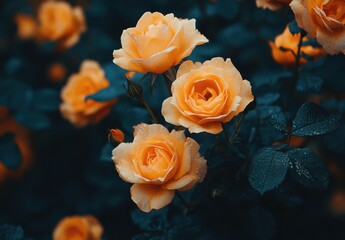 Vibrant Orange Roses Amidst Lush Green Foliage, Capturing the Beauty and Elegance of Nature in a Serene and Enchanting Garden Setting