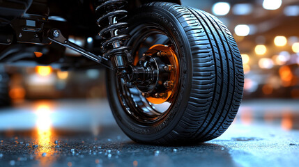 Fototapeta premium detailed view of a car's suspension system, highlighting the mechanics and engineering precision, showcasing the vehicle's structural components and stability, emphasizing automotive craftsmanship