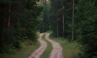 Obraz premium A forest road leading to a dirt road, Generative AI 