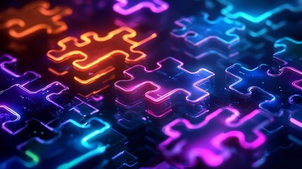 Close up of interconnected glowing puzzle pieces in a vibrant futuristic design illuminated with neon hues of blue orange and purple