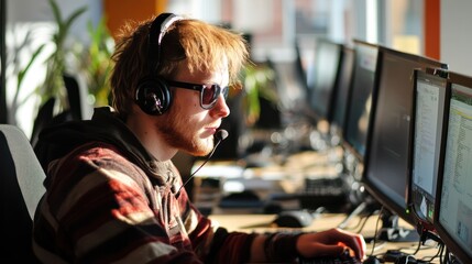 European blind programmer coding at a collaborative workspace in Vienna, Austria
