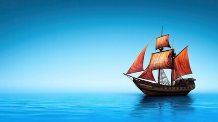 Majestic Vintage Sailing Ship with Billowing Red Sails Gliding Serenity on Calm Azure Waters in a Clear Blue Sky