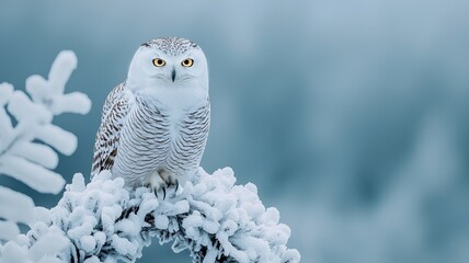 Snowy owl on frosty branch in winter setting