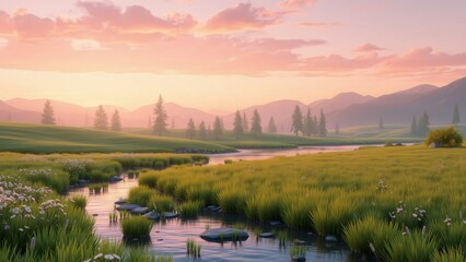 Fototapeta premium Serene Sunset Meadow Landscape: Perfect for Wall Art, Desktop Backgrounds, and Calming Decor