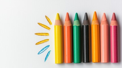 Fototapeta premium Colorful Crayons Arranged Neatly in a Row with Sunray Drawing on White Background, Ideal for Artistic and Creative Projects Illustrating Imagination