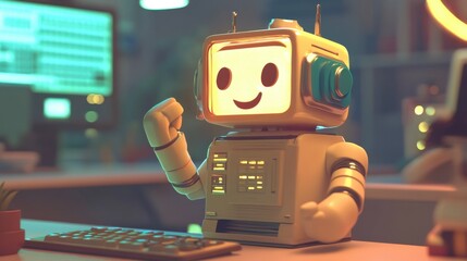 Friendly Robot in Call Center with Glowing Monitor Setup