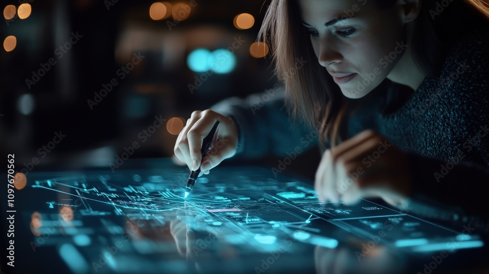 Poster A focused woman interacts with a futuristic touchscreen, analyzing digital data in a high-tech environment, embodying innovation and technology in action