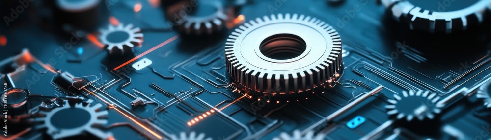 Poster Close-Up View of Intricate Gears and Circuit Board Design Showcasing Advanced Technology in a Modern Digital Environment