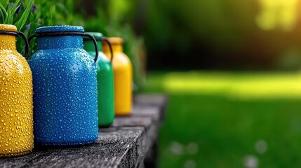 Obraz premium Colorful Vintage Watering Cans with Dew Drops on a Wooden Table Surrounded by Green Grass in a Bright Morning Light Setting