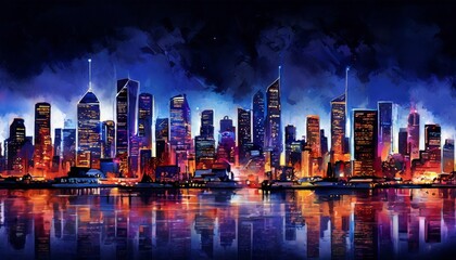 Fototapeta premium A vibrant and colorful city skyline at night, illuminated by glowing lights that reflect on the calm waters below. The modern architecture creates a futuristic and dynamic cityscape.. AI Generation
