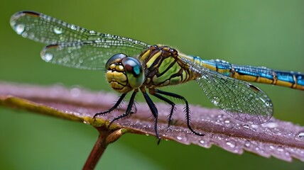 Beautiful dragonfly perched on a leaf with dewdrops at dawn in a serene garden