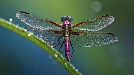 Beautiful dragonfly perched on a leaf with dewdrops at dawn in a serene garden