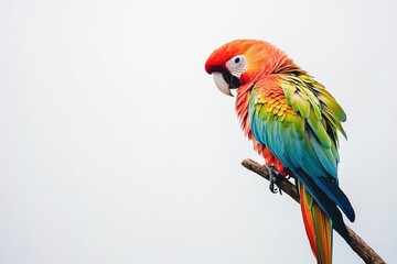 Obraz premium Bright parrot on branch, vivid plumage, profile view.