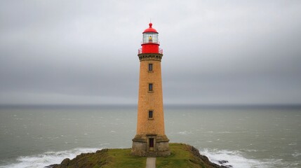 Fototapeta premium Scenic Coastal Lighthouse Perched on Rocky Outcrop under Dramatic Gray Skies with Turbulent Ocean Waves Surrounding the Historic Structure