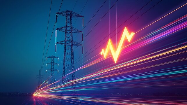 Dramatic image of modern high voltage transmission towers supporting multiple power lines enhanced by an energetic upward arrow glowing with colorful beams on a sleek black backdrop