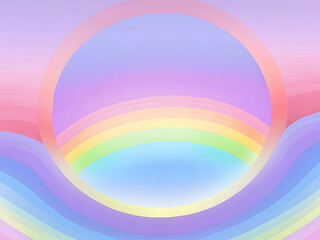 A vibrant, abstract composition featuring curved rainbow stripes, a colorful, wavy pattern with a pastel color palette.