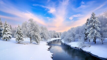 Obraz premium Serene Winter Landscape: Snowy Forest River at Sunset, Perfect for Wall Art or Desktop Background