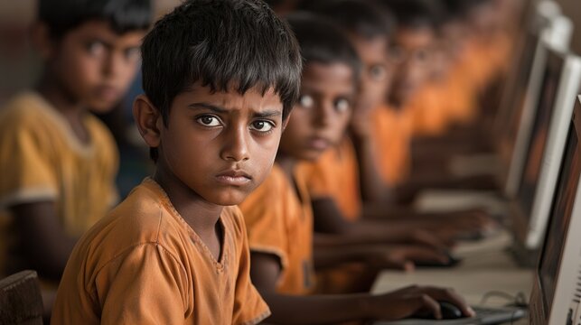 A group of young people in a well-equipped classroom compared to children in an underprivileged area with minimal access to computers.