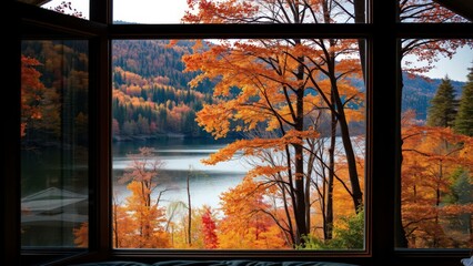 Vibrant Autumn Lake View from Window: Capture Nature's Beauty for Home Decor or Wall Art