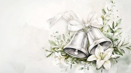 Elegant silver wedding bells in a watercolor style adorned with delicate floral accents of lilies and greenery tied together with a white ribbon for a classic and romantic theme