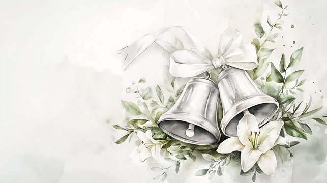 Elegant silver wedding bells in a watercolor style adorned with delicate floral accents of lilies and greenery tied together with a white ribbon for a classic and romantic theme