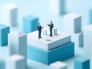 Two miniature businessmen engage in conversation on a small platform, surrounded by abstract geometric shapes in blue and white.