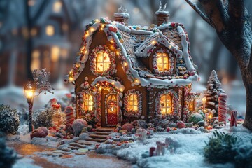 Fototapeta premium A whimsical gingerbread house surrounded by festive decorations, glowing lights and candy details. Generative AI