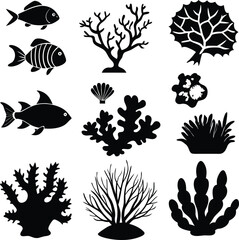 Naklejka premium Black and White Vector Illustration of Coral Reef Ecosystem: Fish, Coral, Seaweed, and Shells - Marine Life Graphic Design Elements