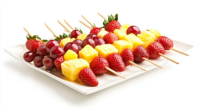 A platter of colorful fruit kabobs with skewers of ripe strawberries, juicy pineapple chunks, and sweet grapes