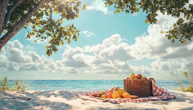 A serene beach scene featuring a picnic basket filled with fruits, set on sandy shores under a tree with a picturesque sky and calm ocean waves.