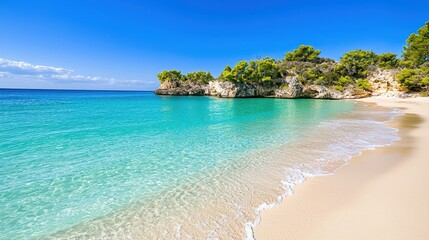 Fototapeta premium Tranquil Tropical Beach Scene with Clear Blue Water and Sandy Shoreline Surrounded by Lush Greenery on a Sunny Day in Paradise