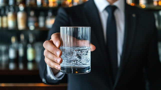 Man in suit holding glass of water, symbolizing sobriety and alcohol safety, amidst bar counter with empty alcohol bottles.