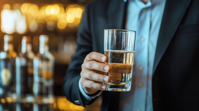 Man in suit holding glass of water, symbolizing sobriety and alcohol safety, amidst bar counter with empty alcohol bottles.