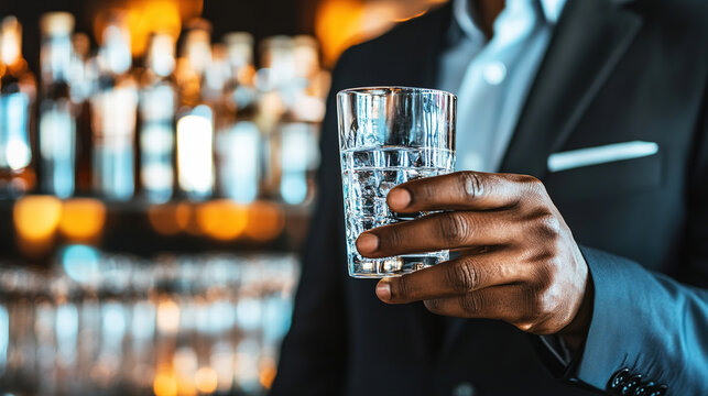 Man in suit holding glass of water, symbolizing sobriety and alcohol safety, amidst bar counter with empty alcohol bottles. - Powered by Adobe