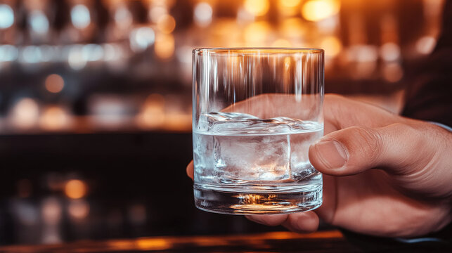 Man in suit holding glass of water, symbolizing sobriety and alcohol safety, amidst bar counter with empty alcohol bottles.