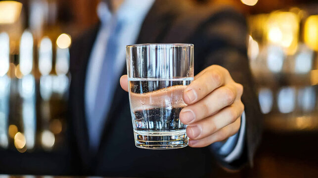 Man in suit holding glass of water, symbolizing sobriety and alcohol safety, amidst bar counter with empty alcohol bottles.