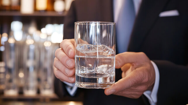 Man in suit holding glass of water, symbolizing sobriety and alcohol safety, amidst bar counter with empty alcohol bottles.