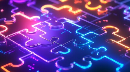 Futuristic glowing neon puzzle pieces with interconnected circuit like details and a high tech digital abstract background  Vibrant luminous and visually striking digital art