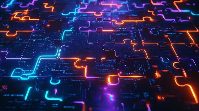 Futuristic glowing puzzle pieces seamlessly connected with intricate neon blue orange and purple circuit like designs set against a modern abstract digital background  Showcasing a high tech