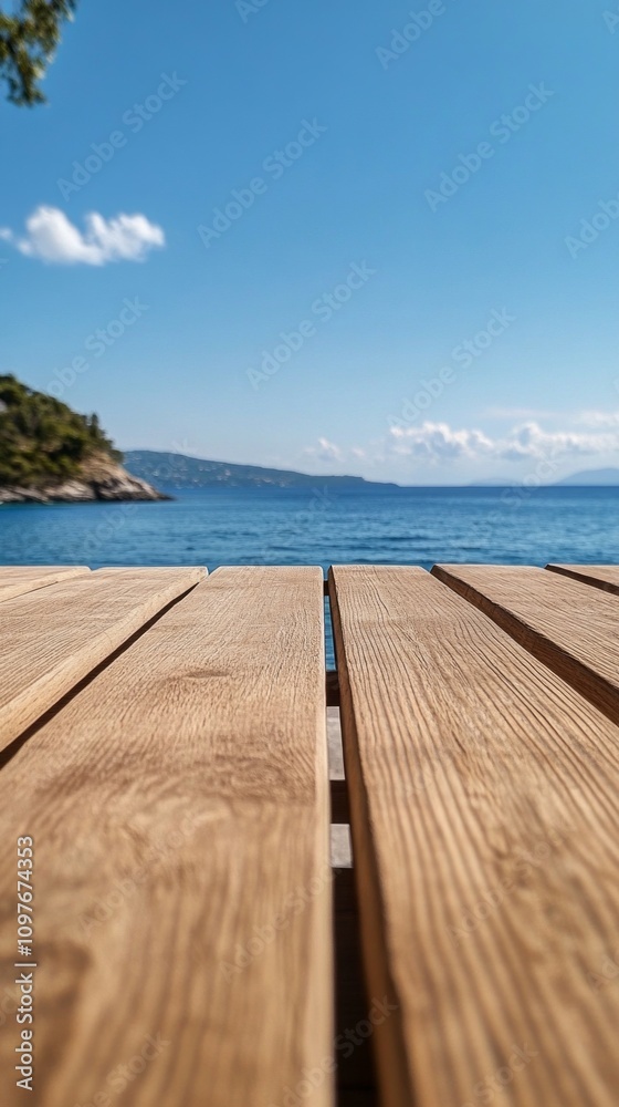 Poster a wooden table with a view of the ocean