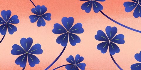 Obraz premium Vibrant floral pattern with blue flowers on a peach background, with grain noise effect, the concept of St. Patrick's Day