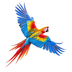 Obraz premium Macaw parrot in flight with wings fully spread isolated on transparent background.