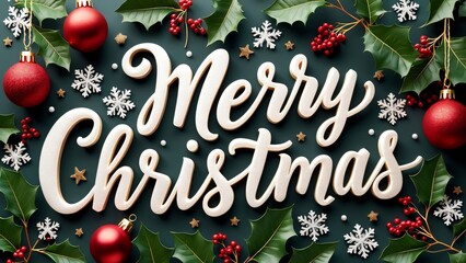 Merry Christmas Festive Design, 3D Lettering with Ornaments & Holly