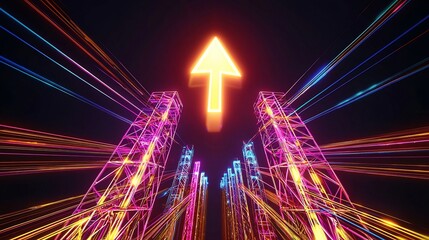 Futuristic transmission towers with complex designs supporting electric cables paired with a brightly glowing upward arrow radiating vibrant energy on a black canvas