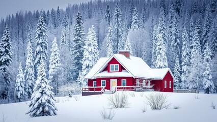 Naklejka premium Charming Red Cottage in Snowy Forest Winter Wonderland, Perfect for Holiday Greetings or Cozy Home Decor