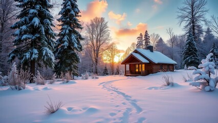 Serene Winter Cabin Sunset: Cozy Retreat, Snowy Forest, Peaceful Mountain Living, Perfect Wallpaper