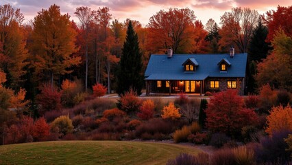 Naklejka premium Experience Autumn's Splendor: Cozy Cottage Nestled in Vibrant Fall Foliage, Perfect for Relaxation and Inspiration