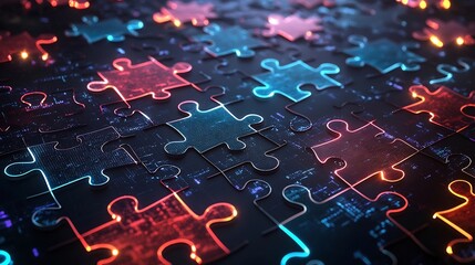 Glowing interconnected puzzle pieces in vibrant neon hues and circuit patterns against a high tech digital backdrop symbolizing innovation connectivity